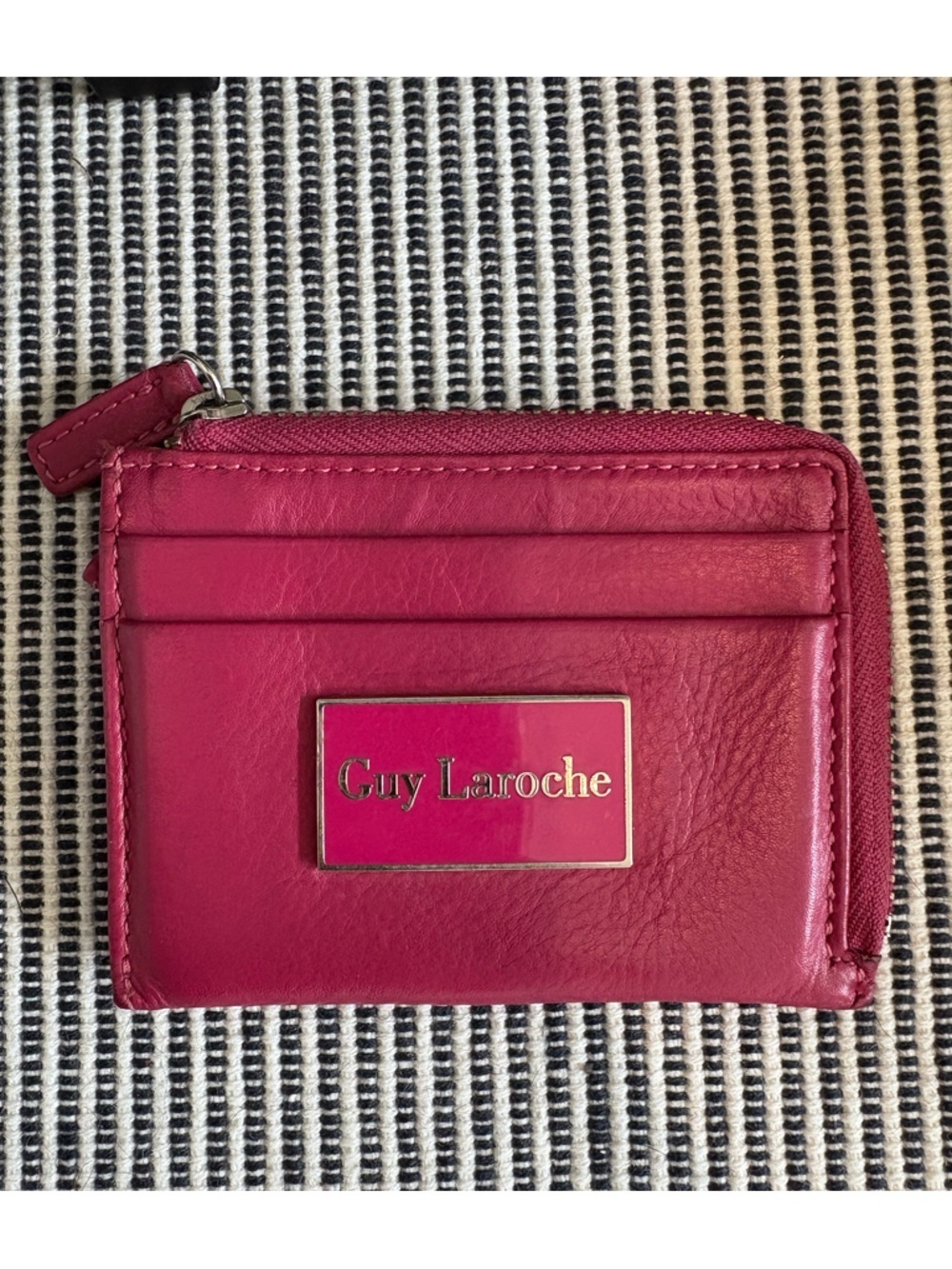 Guy Laroche Fuchsia Leather Card Wallet with Gold Logo Plaque